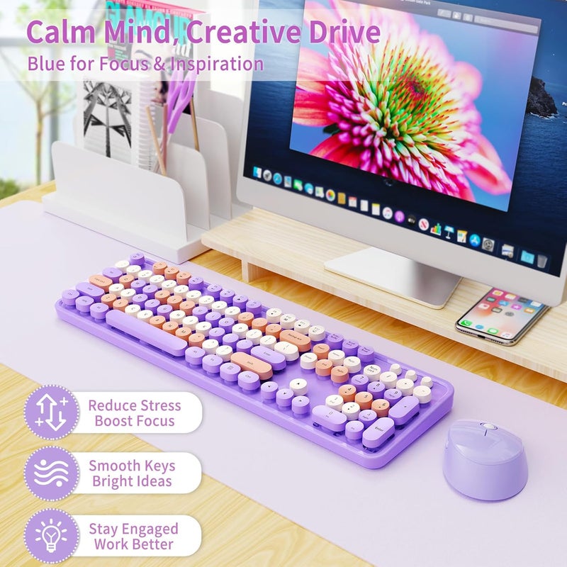 Nowlike Wireless Keyboard and Mouse Combo, Retro Typewriter Keyboard with Round Keycaps, Full-Size Ergonomic, Purple, Ideal for Windows PC, Home, Office, and College - Image 2